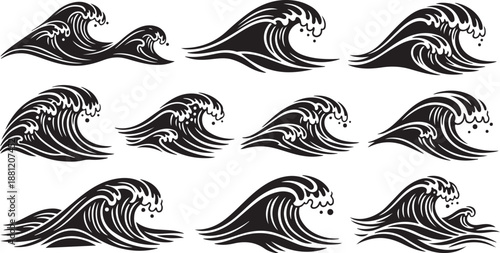 Black and white ocean wave illustrations in various styles