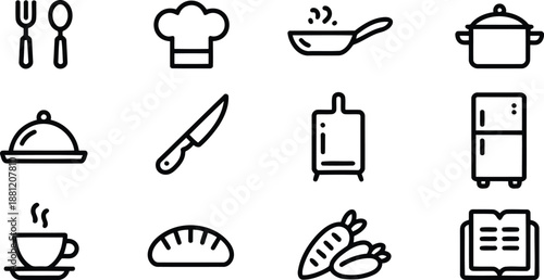 A clear set of black outline icons illustrating kitchen culinary food and dining concepts on white