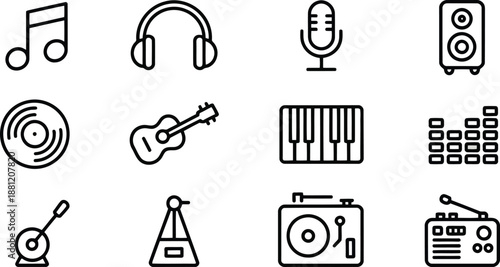 A clear set of twelve outline icons representing different music and sound related objects