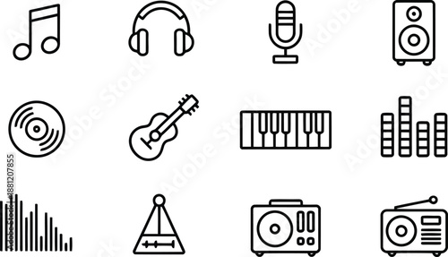 A coherent collection of outline icons depicting various instruments and electronic music equipment