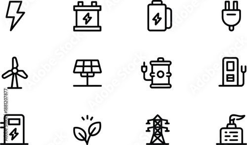 A collection of black outline icons representing different forms of energy and sustainable power generation