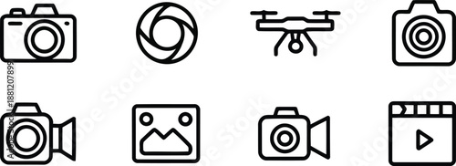 A collection of black outline icons representing various photography and video recording devices and media