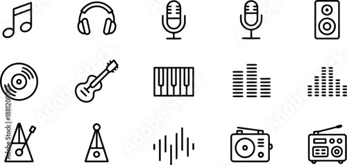 A comprehensive collection of outline music and audio technology icons for various media applications