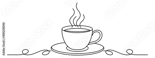 Continuous line art illustration of a coffee cup depicting steam rising for a cafe theme