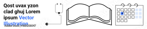 Education, learning, healthcare planning, study organization, medical scheduling, knowledge pursuit. an open book, calendar and IV drip. Education and healthcare planning through imagery