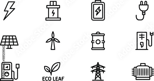 A comprehensive set of line icons depicting various aspects of energy, sustainability, and power resources