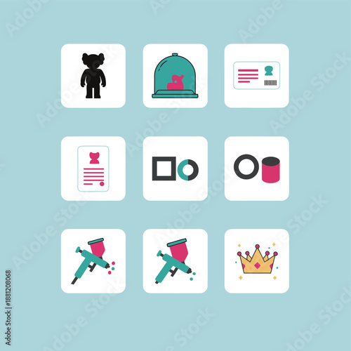 Designer Toy Collectibles and Airbrush Customization Icon Set with Vinyl Figures, Display Cases, Certificate of Authenticity, Paint Spray Guns, and Royal Crown Symbol for Hobbyists and Artists