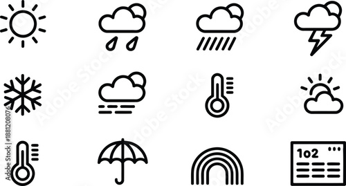 A comprehensive set of line icons depicting various weather conditions and meteorological forecast symbols