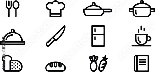 A minimalist collection of black outline icons representing kitchen utensils food items and cooking equipment