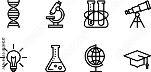 A set of line icons depicting scientific laboratory equipment and educational symbols on a white field