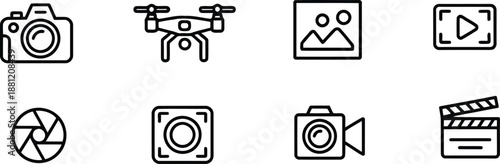 Outline icons representing various photography and videography tools and media production elements