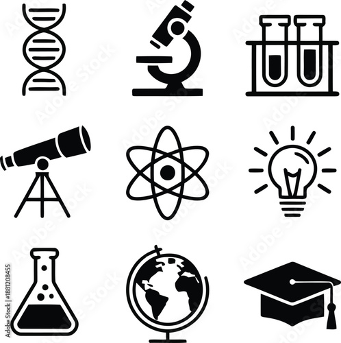 Solid black icons illustrating key concepts in science education and academic pursuits
