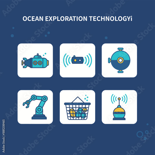Ocean Exploration Technology Icon Set Featuring Submarines, Sonar Devices, Bathyspheres, Robotic Arms, Sample Baskets, and Underwater Transmitters for Marine Science and Deep Sea Research