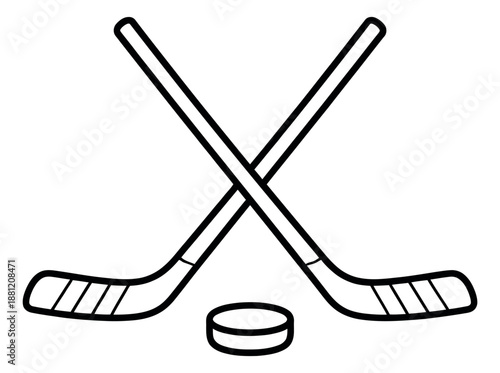 Line art sports equipment set featuring crossed hockey sticks and a puck for game design