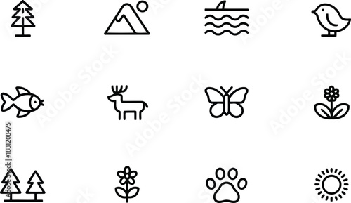 This image displays a collection of outline icons representing various elements of nature and wildlife