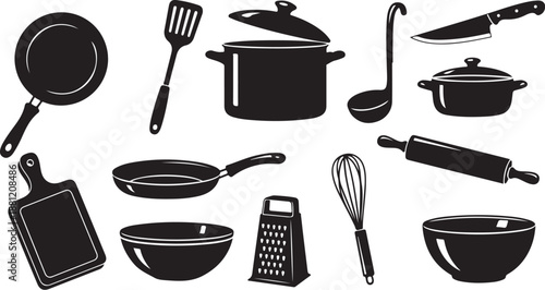 Kitchen Utensils and Cookware Set in Black and White