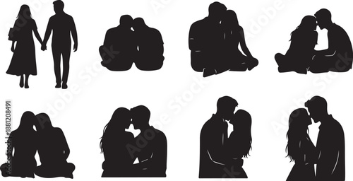 Silhouette of romantic couples in various loving poses together