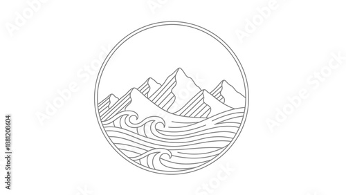 Minimalist Mountain Range and Ocean Waves Circle Emblem.