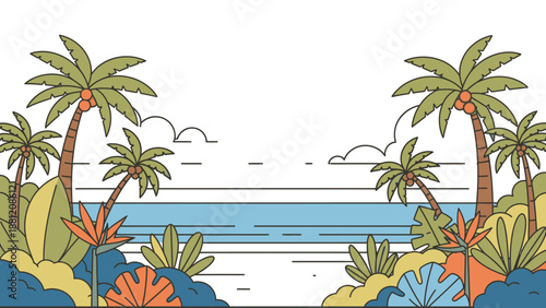 Tropical Island Paradise with Palm Trees and Ocean View.