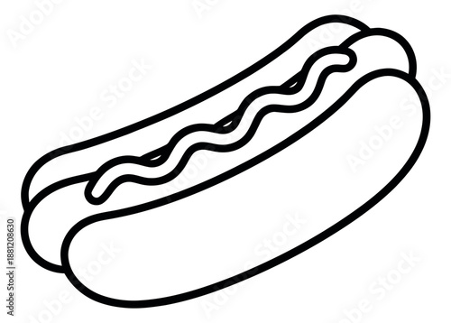 Hand drawn line art illustration of a hot dog depicting a classic street food snack for a fast food menu