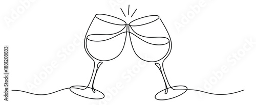 Continuous line art illustration of two wine glasses depicting a toast for celebratory events
