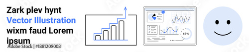 Business analytics, technology solutions, market strategy, digital growth, positive feedback, performance tracking. Bar chart, data dashboard smiling face. Business analytics and technology