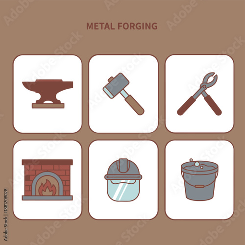 Metal forging and blacksmith craft tools collection featuring anvil hammer tongs furnace fire protective mask and water bucket for industrial metalwork and traditional craftsmanship workshops