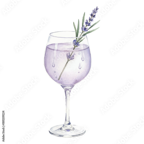 Lavender Rain Mocktail Watercolor Vector Illustration Isolated on White Background

