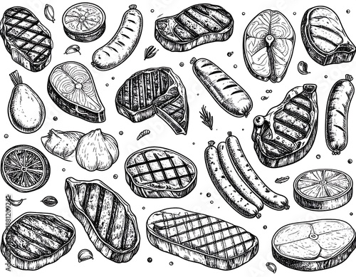 Monochrome detailed sketches of various meats, fish, and garlic are scattered on a blank backdrop