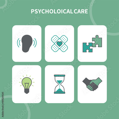 Psychological care and mental health support icons set featuring listening ear medical bandage puzzle pieces light bulb hourglass and handshake for counseling and therapy services