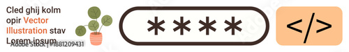 Cybersecurity, digital safety, programming, online protection, data encryption, website development. A password field with masking asterisks, code icon and potted plant. Cybersecurity