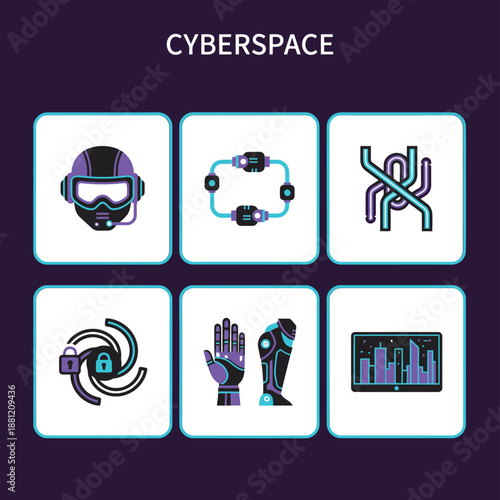 Cyberspace and virtual reality technology icons featuring VR helmet digital circuit network connections data encryption bionic arm and city data visualization for high tech concepts
