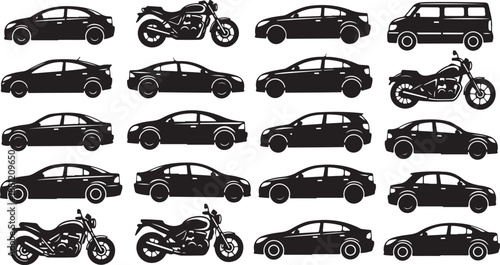 Silhouettes of cars and motorcycles in black and white