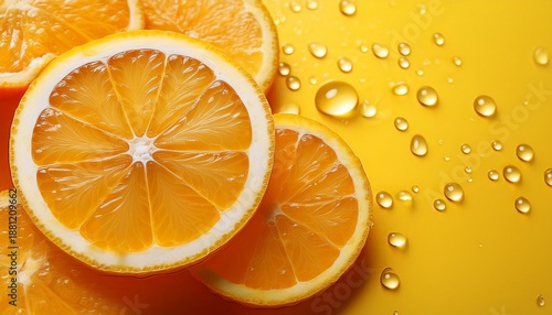 Close Up Of A Fresh Citrus Fruit Slice With Water Droplets On A Vibrant Yellow Background