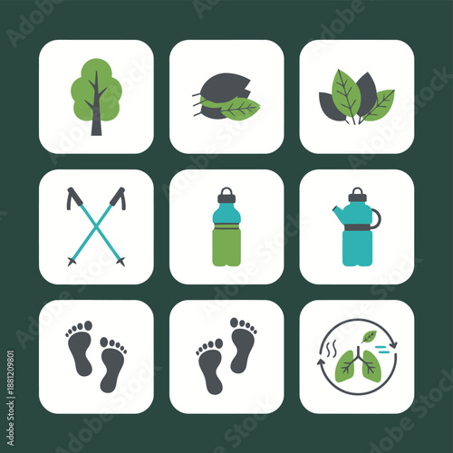 Hiking and eco lifestyle icons set featuring green trees leaves trekking poles water bottles footprints and lung health symbol for outdoor recreation and environmental awareness