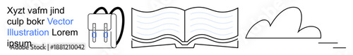 Education, learning, knowledge, back-to-school, libraries, digital tools. Line drawings of a backpack, open book and cloud. Education and learning concept