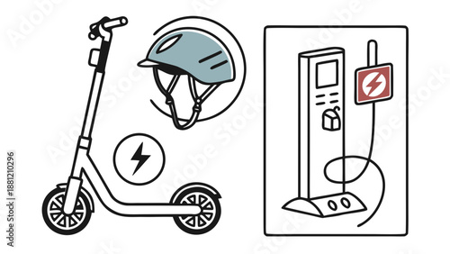 Electric Scooter Helmet and Charging Station Illustration.