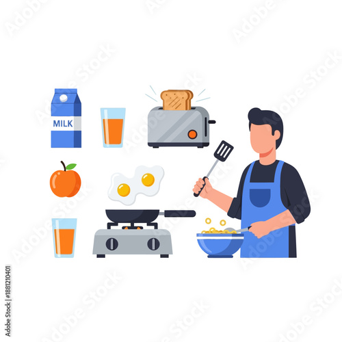 Man cooking breakfast: eggs, toast, milk, juice and apple, healthy food concept
