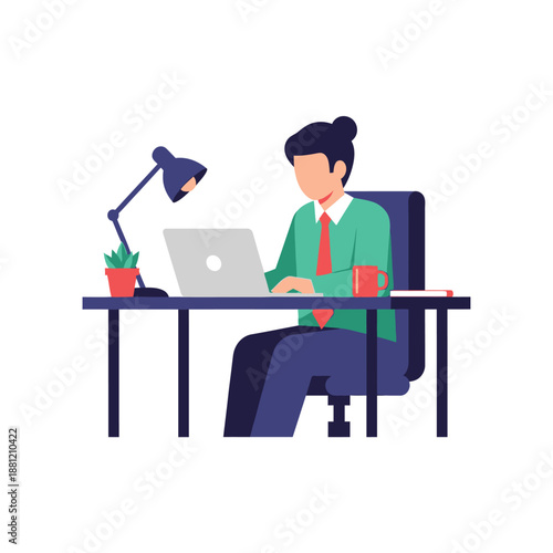 Man working on laptop at desk with lamp and coffee cup, modern office illustration