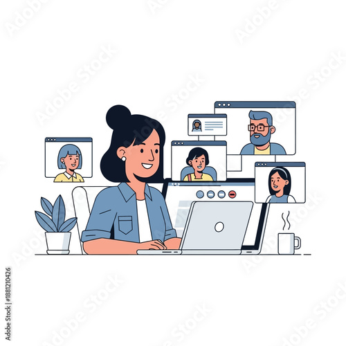 Woman attending online meeting via laptop with diverse colleagues on screens