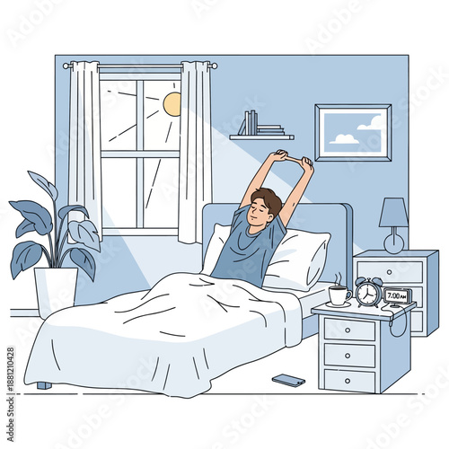 Man stretching in bed waking up in sunlit bedroom, morning routine, healthy lifestyle