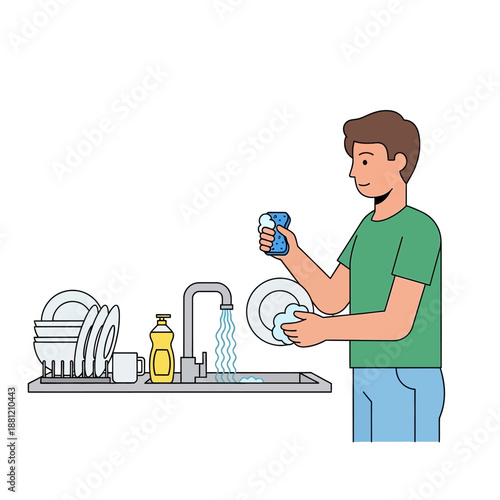 Man washing dishes at kitchen sink with running water and soap, clean dishes drying rack