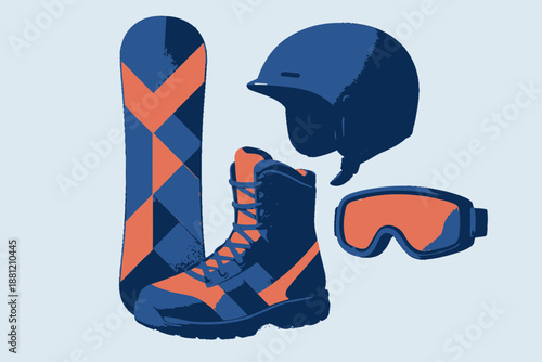 Snowboarding Gear Helmet Goggles Boots and Board for Winter Sports.