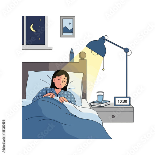 Woman sleeping peacefully in bed at night, bedside lamp on, moonlit window