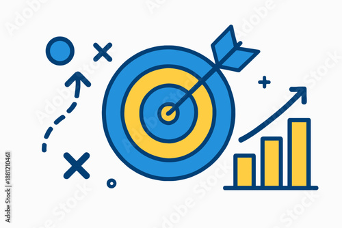 Targeted Business Growth Strategy with Arrow Hitting Bullseye and Rising Bar Graph.