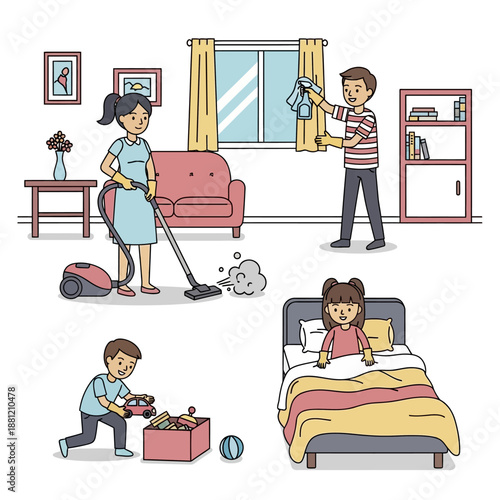Family Cleaning House Together: Vacuuming, Window Washing, Tidying Toys, Child in Bed