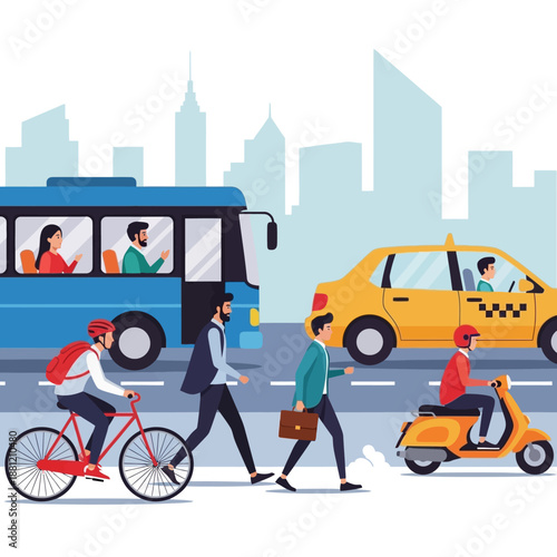 Urban street scene with diverse transport: bus, taxi, cyclist, scooter, pedestrians.