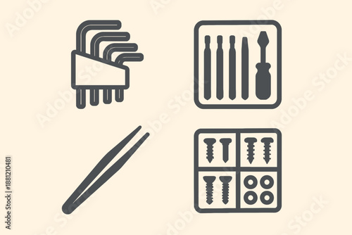 Tools and Fasteners Icon Set Allen Wrenches Screwdrivers Tweezers and Screws.