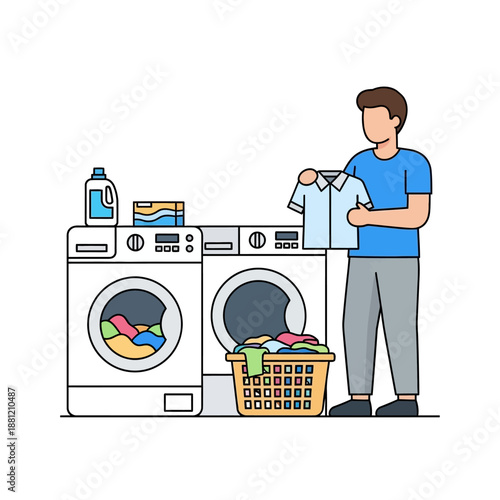 Man Holding Shirt Laundry Room Scene with Washing Machine and Basket