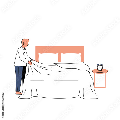 Man making bed with white sheets, bedroom scene, alarm clock on nightstand